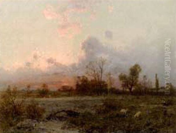 Abendrot Mit Schaferin Und Schafen - view 1