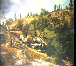 Vogterpige Med Far I Klippelandskab Med Elv by Frederik Hansen Sidring