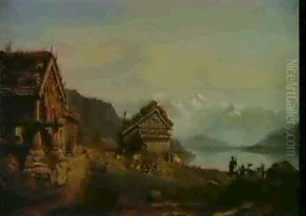 Et Norsk Fjeldlandskapb Med Bjaelkehuse I Forgrunden Til Venstre. I Hojre Billedside En Fjord... - view 1