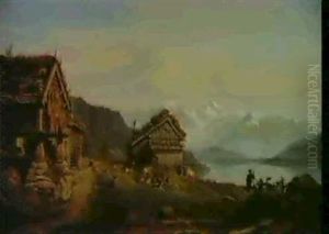 Et Norsk Fjeldlandskapb Med Bjaelkehuse I Forgrunden Til Venstre. I Hojre Billedside En Fjord... by Frederik Hansen Sidring