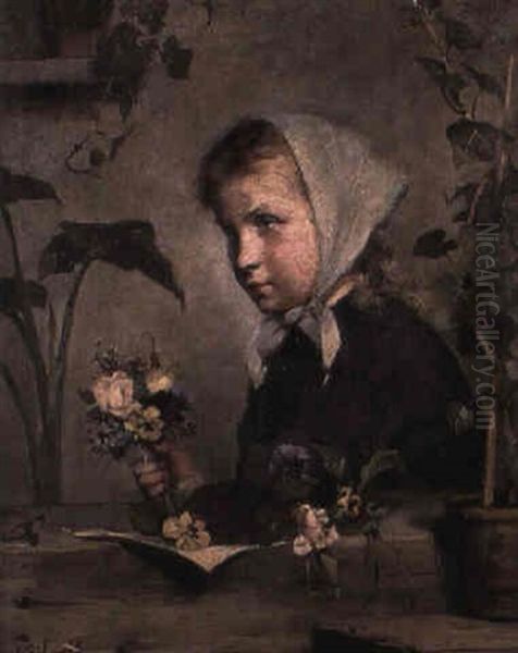 Flicka Med Blomsterbukett - view 1