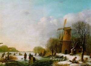 Eisvergnugen In Hollandischer Winterlandschaft by Johannes Sieberg