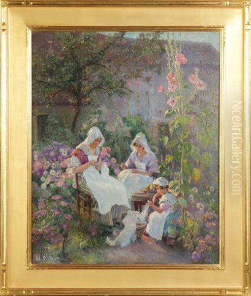 Women & Child Sewing In Flower Garden - view 1