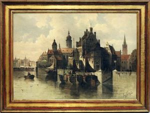 Hafenstadt Mit Fischerbooten Und Personen Am Kai by August Siegen