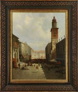 European City Market Scene With Clock Tower by August Siegert