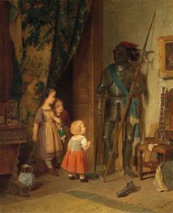 Children In The Studio. Three Little Girls Staring At A Suit Of Black Armour by August Friedrich Siegert