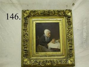 Elderly Woman Praying At Meal Time by August Friedrich Siegert