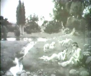 Hirtenpaar Bei Weidenden Schafen In Bachdurchflossener Wiesenaue by Eugen Siegert