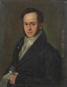 A Portrait Of The Pharmacist J.g. Holzknecht Holding A Medicine Bottle And A Hand-written Note
