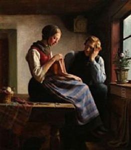 A Sewing Country Girl Is Having A Conversation With A Young Man by Hermann Carl Siegumfeldt