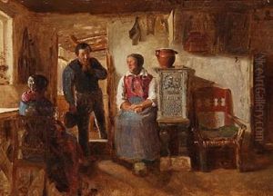 Interior From A Farm House With A Peasant Entering A Room, Where Two Women Are Sitting