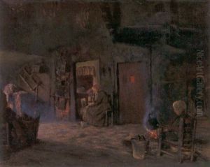 Rauchiges Interieur - Diele Mit Bauerin Und Kind Am Offenen Herdfeuer by Georg Siehl-Freystett