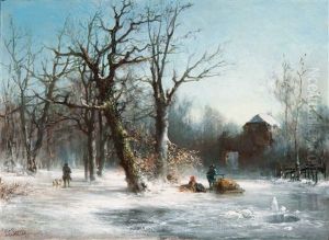 Hunters In A Winter Landscape by Louis Sierich