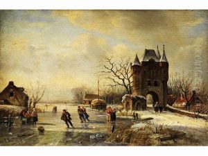 Eisvergnugen In Polderlandschaft by Louis (Ludwig) Sierig