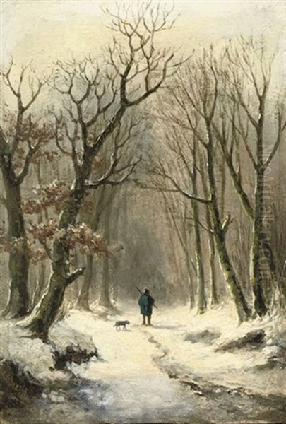 A Hunter And His Dog On A Snow-covered Path - view 1