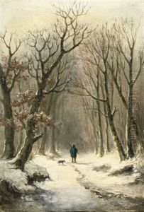 A Hunter And His Dog On A Snow-covered Path by Louis (Ludwig) Sierig