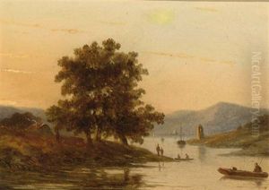 Figures By A Lake In A Mountainous Landscape by Louis (Ludwig) Sierig