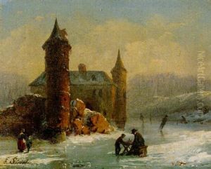 Altes Castell Am Ufer Eines Vereisten Flusses by Louis (Ludwig) Sierig
