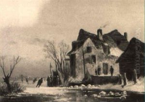 A Winter Landscape With Skaters On A Frozen River by Louis (Ludwig) Sierig