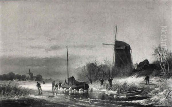 Winter Landscape With Skaters And Figures By An Iced Sailing-boat - view 1