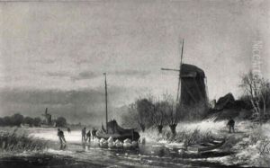 Winter Landscape With Skaters And Figures By An Iced Sailing-boat by Louis (Ludwig) Sierig