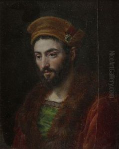 Etude D'homme En Costume Troubadour, Toque Et Manteau Rouge Borde De Fourrure, En Buste A Gauche (study)
