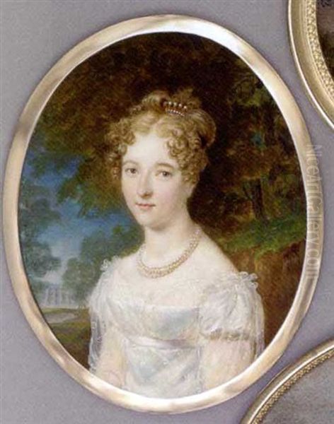 A Young Lady, In White Silk Dress With Embroidered Gauze Overdress, Triple Pearl Necklace And Pearl Diadem In Her Upswept And Curled Fair Hair, Foliate Background With Temple Beyond - view 1