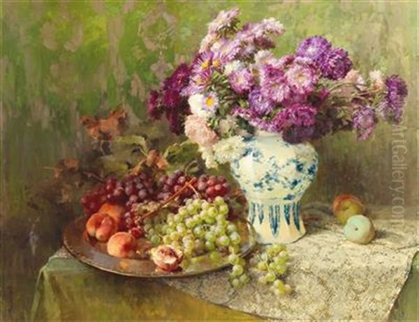 Large Still Life With Grapes, Peaches And Flowers In A Vase - view 1
