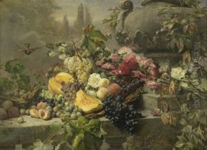 Blumen- Und Fruchtestilleben Vor Einer Parklandschaft