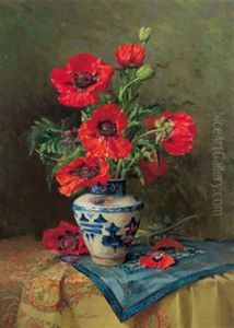 Groses Blumenstuck Mit Mohnblumen In Chinesischer Vase