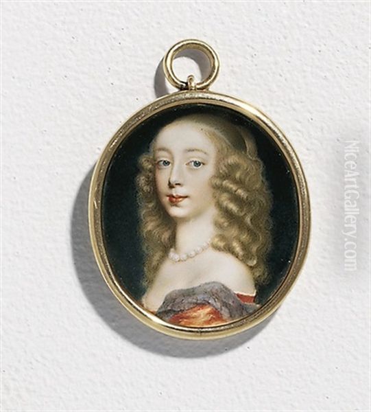 A Young Lady, In Persimmon Decollete Dress Of Satin Edged With White Linen Shift, Periwinkle-grey Mantle Over Her Left Shoulder, Pearl Necklace, Her Light Brown, Curling Hair Upswept With Tendrils - view 1