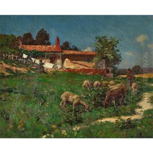 Hirte Mit Schafherde by Charles Louis Eugene Signoret