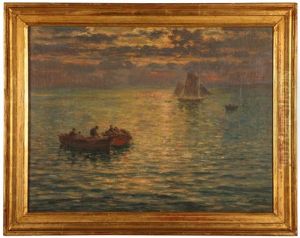 Figures In Boats At Sunset, Marseilles by Charles Louis Eugene Signoret