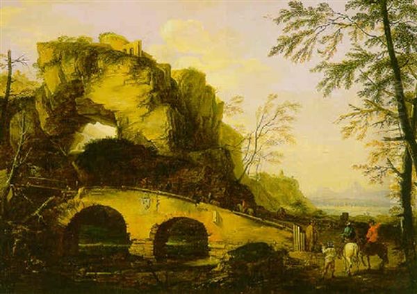 Travelers On Horseback Crossing Bridge - view 1