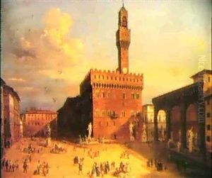 A View Of The Piazza Della Signoria, Florence by Giovanni Signorini