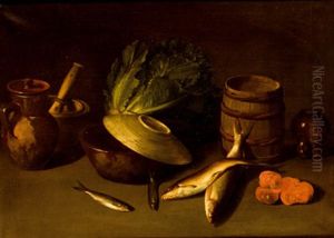 Bodegon Con Peces, Lechuga Y Cacharros