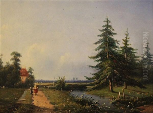 Canal Landscape With Evergreens - view 1