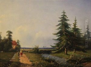 Canal Landscape With Evergreens by Ferdinand Hendrik Sijpkens