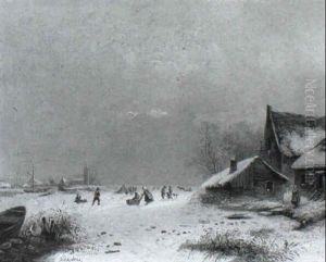 A Winter Landscape With Several Skaters