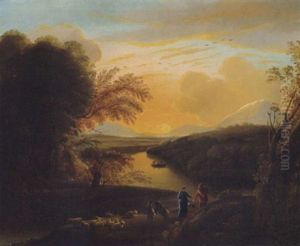 Weite, Bewaldete Fluslandschaft Mit Hirten Bei Sonnenuntergang