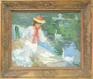 Lady With A Parasol Feeding The Ducks by Max Silbert