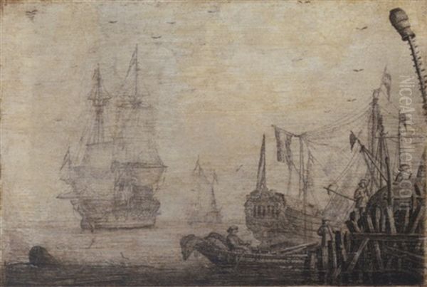 A Penschilderij: Shipping In A Harbour With Figures On A Quay In The Foreground - view 1