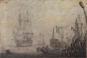 A Penschilderij: Shipping In A Harbour With Figures On A Quay In The Foreground