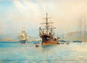 French Frigate Off The Coast Of The French Riviera by Herman Gustav af Sillen