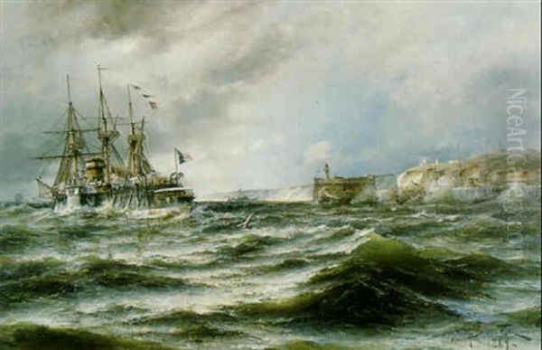 Franskt Orlogsfartyg Vid Stormig Kust - view 1