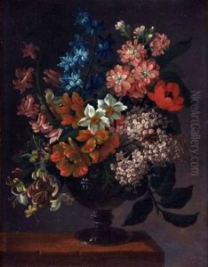 Still Life Of Mixed Flowers In A Vase On A Ledge (study) by James Sillett