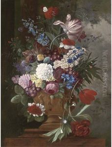 Tulips, Roses, Carnations, Auriculas And Other Spring Flowers In A Urn On A Ledge