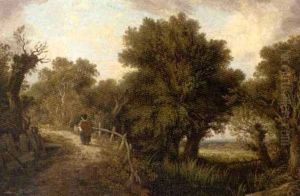 Figure By A Pond In A Wooded Landscape by James Sillett