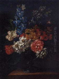 Narcissi, Tulips, Carnations, Delphiniums And Nasturtiums In A Goblet On A Ledge by James Sillett