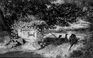 Pheasants By An Urn In A Park
